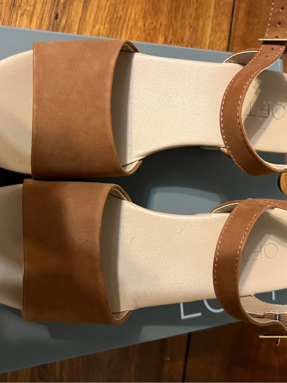 LOFT Cognac Suede Platform Sandals with Wood Block Heel